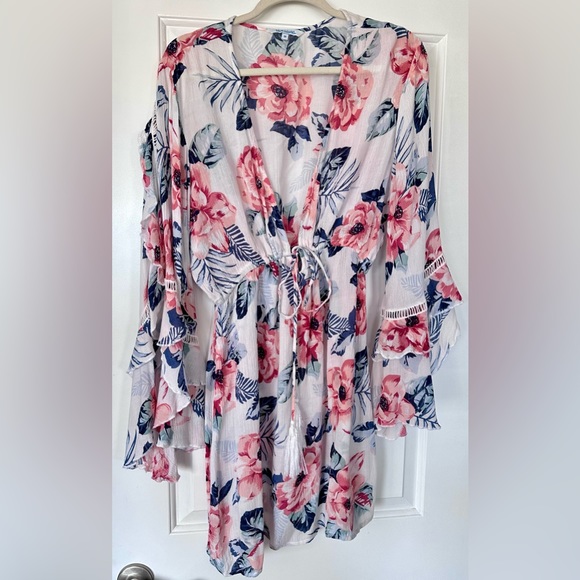 Flowy Rayon Gauze Flowered Beach Swimsuit Coverup Boho Dress by Blue Island Sz M - Picture 2 of 14